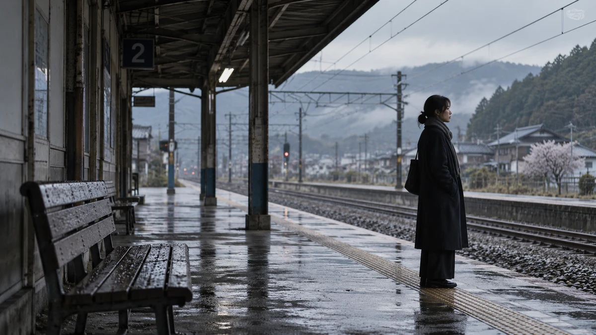 雨后站台上一位独自等待的女性,AI 生成概念配图
